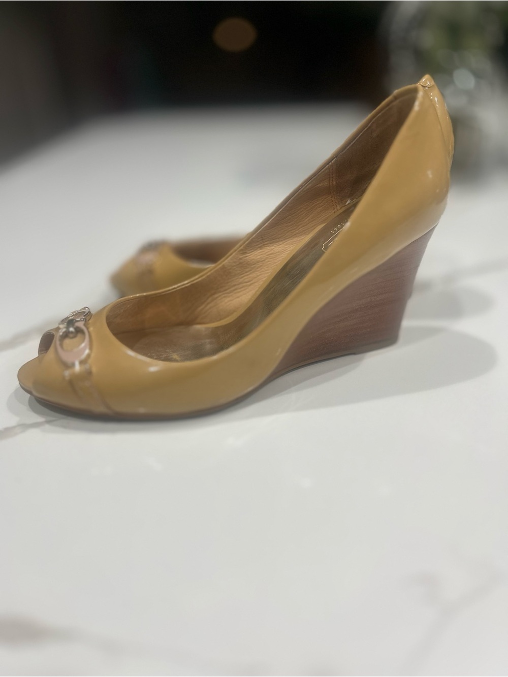 Coach Elora Patent Leather Peep-Toe Pumps in Camel/Tan with Logo Hardware - Picture 5 of 8